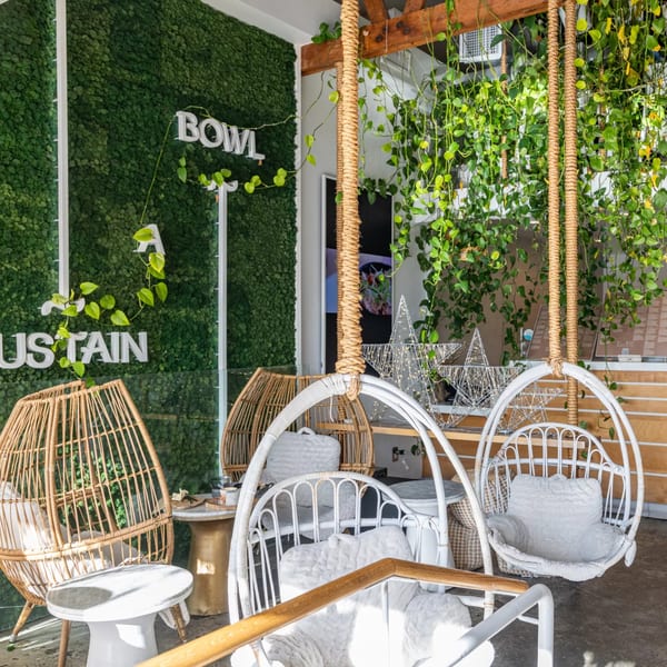 Sustainabowl's outdoor seating area with hanging chairs, green wall, and lush plants.