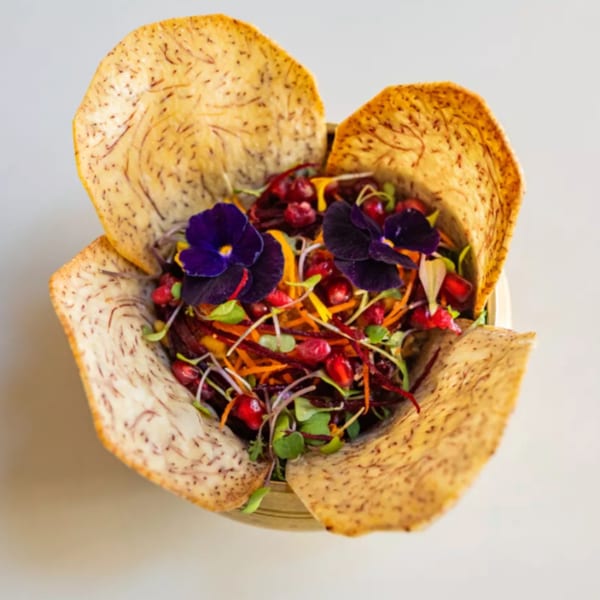 Colorful Sustainabowl salad with shredded vegetables, pomegranate, microgreens, and edible flowers in a taro chip bowl.