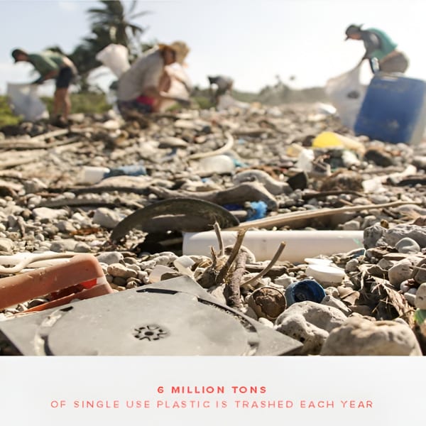 People cleaning up a heavily littered beach, collecting plastic waste and debris.