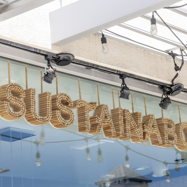A close-up of a wooden "SUSTAINABLE" sign, with reflections of lights and sky on the glass below.