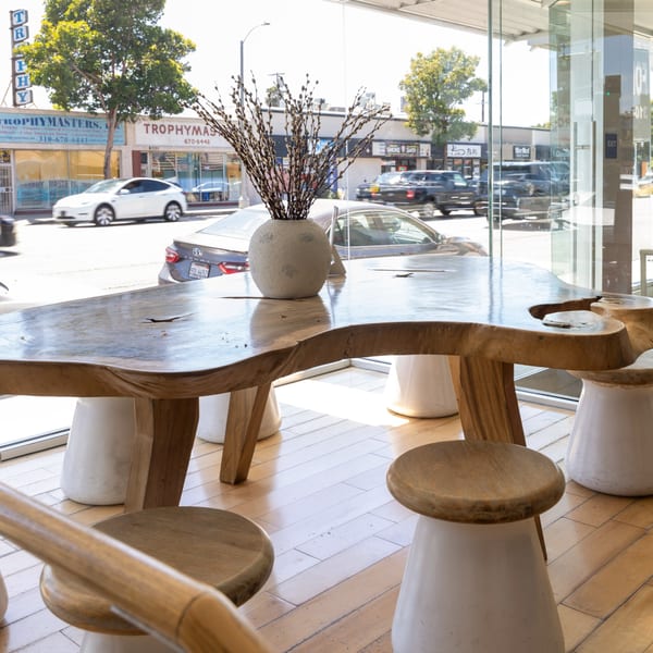 A live-edge wooden table with a vase of pussy willows, seen from inside a restaurant looking out onto a street.