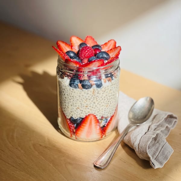 Chia seed pudding in a glass jar with layers of strawberries, blueberries, and raspberries.