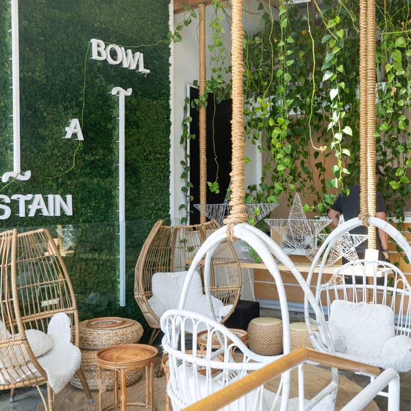 Boho-chic restaurant interior with hanging wicker chairs, green moss wall, and lush hanging plants.