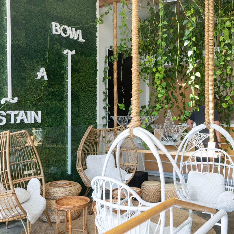 Boho-chic restaurant interior with hanging wicker chairs, green moss wall, and lush hanging plants.